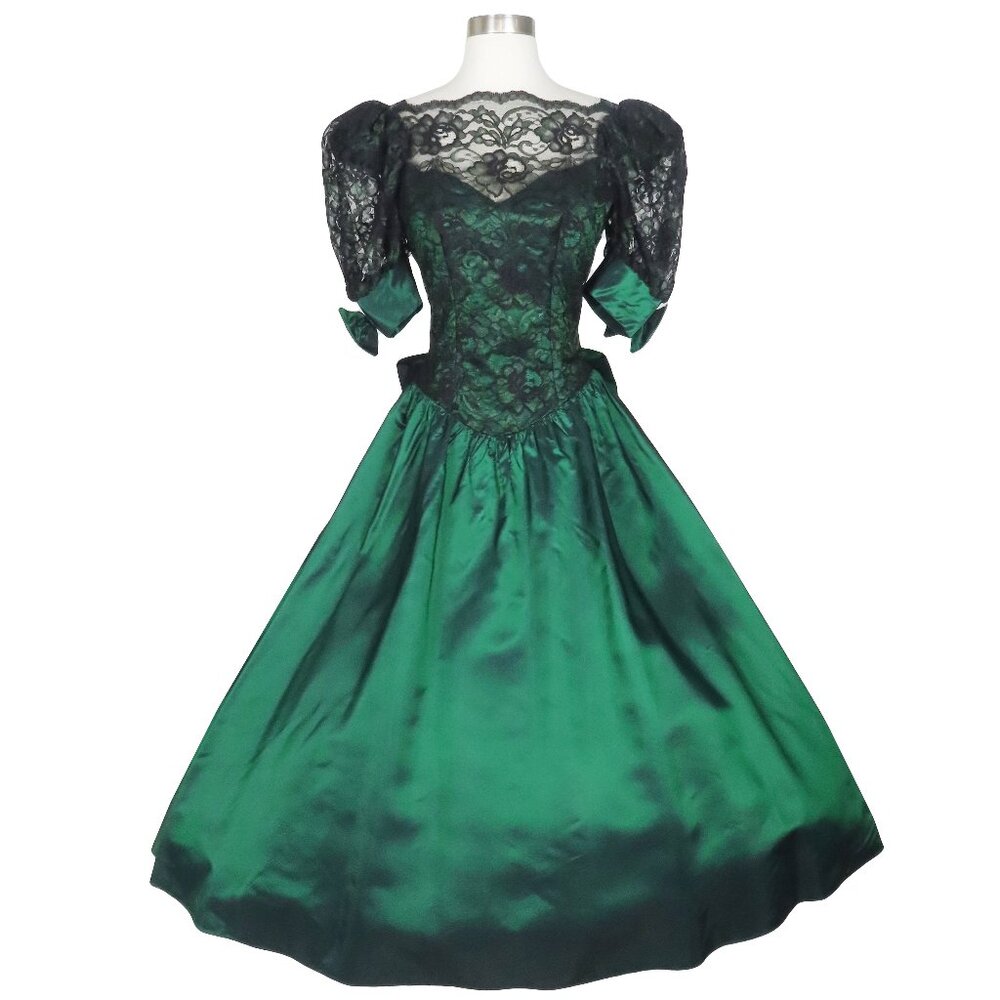 Vintage 80s Green Taffeta Black Lace Puff Sleeve Full Skirt Prom Party Dress XS